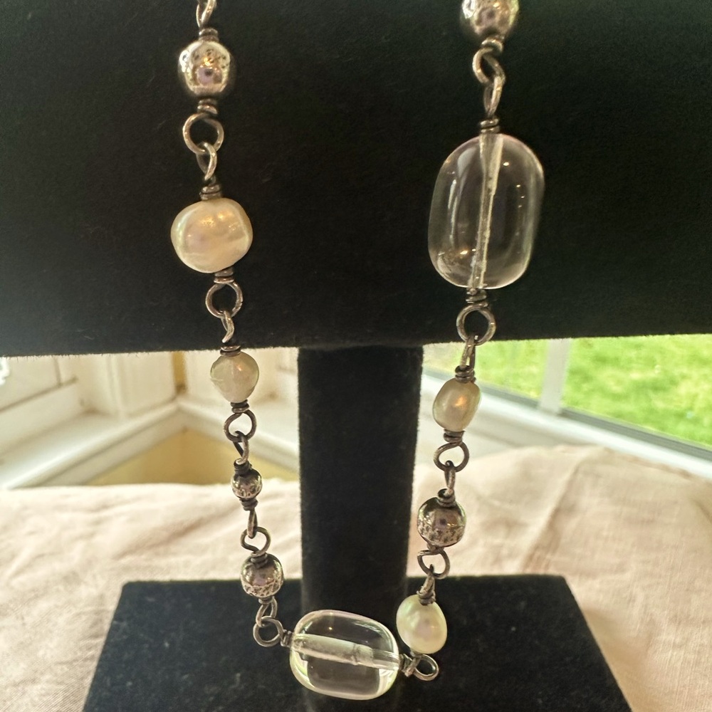 Retired Silpada freshwater pearl and clear crystal sterling silver necklace 16”